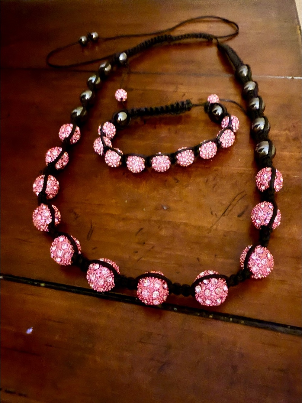 Pink Beaded Shamballa Necklace and Bracelet Set